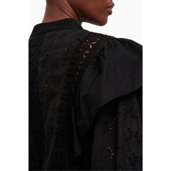 AllSaints Black Prim Broderie Eyelet Ruffled Bubble Sleeves Top Size 4 - Picture 9 of 15